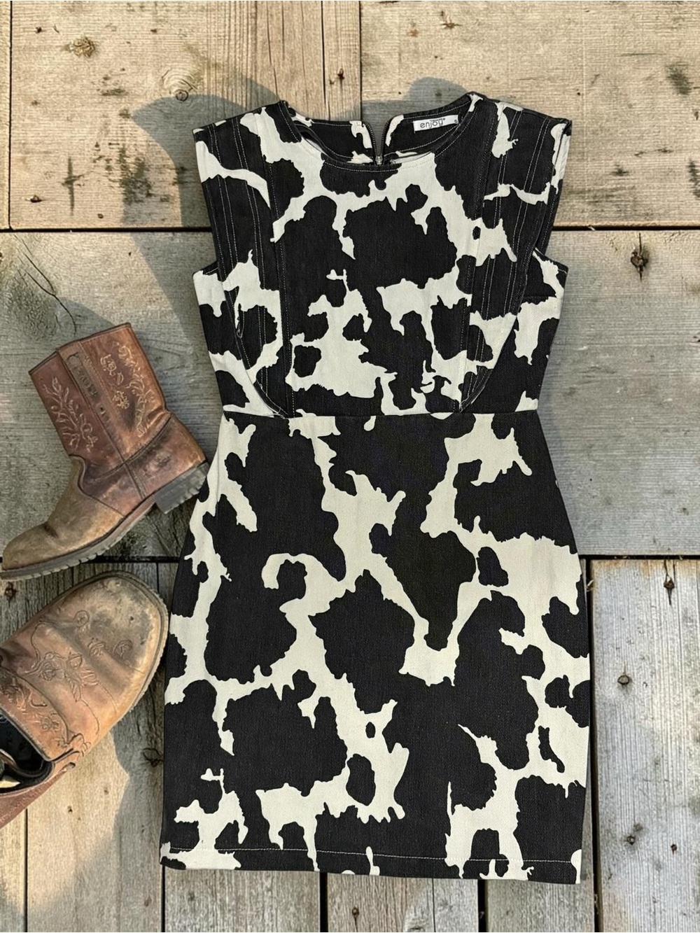 Enjoy Cow Print Mini Dress | Black & White Western Bodycon | Size S